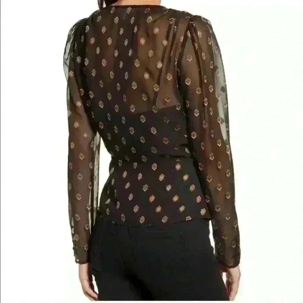 NWOT a sheer black and gold wrap blouse - Picture 2 of 6
